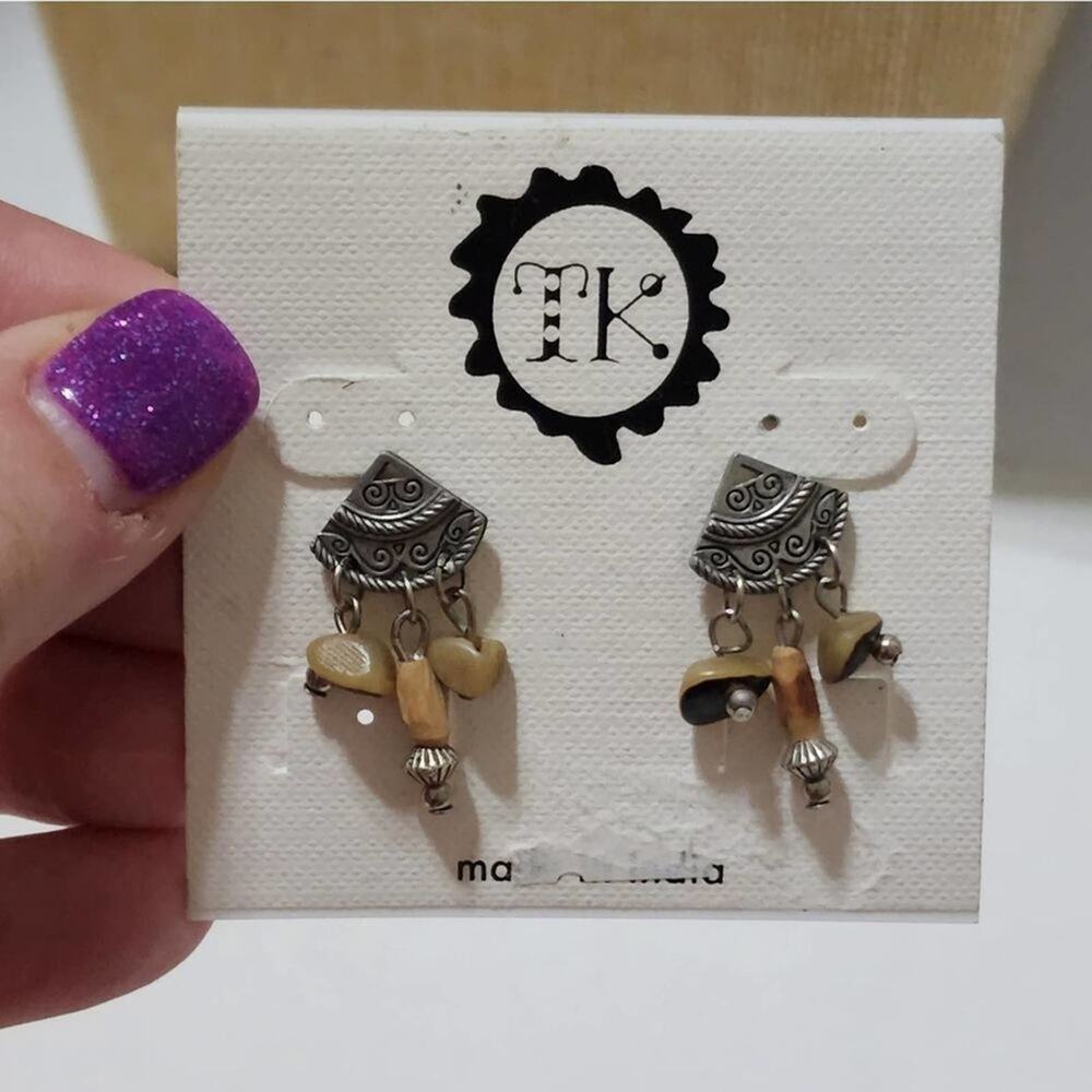 Treska Silver Tone Stone Wood‎ Dangle Earrings Boho Tribal Made in India NEW